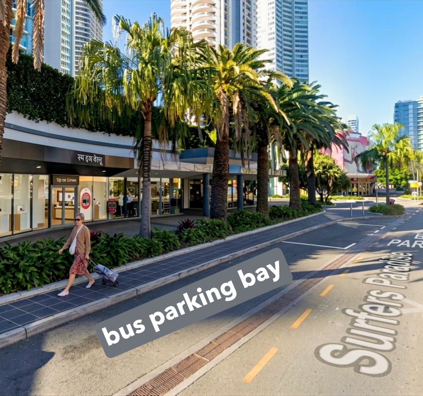 Mantra Legends Hotel bus stop on Surfers Paradise Boulevard — Byron Bay Express shuttle pick-up and drop-off point in front of Spice Venue Indian Restaurant, Surfers Paradise QLD