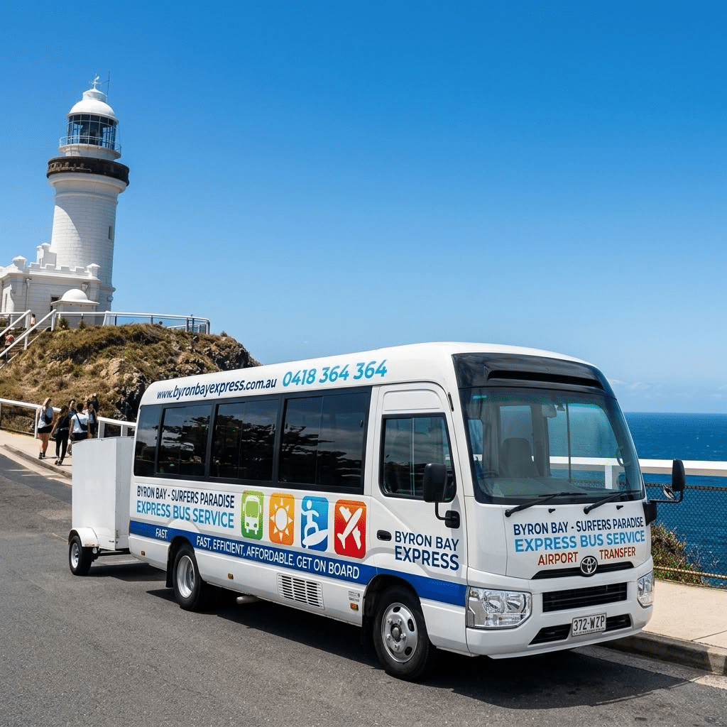 Byron Bay Express shuttle bus at Byron Bay Bus Interchange on Butler Street NSW